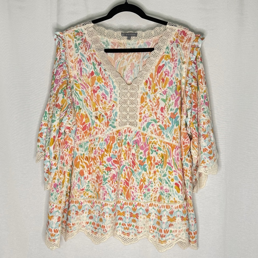 Wit & Wisdom Multicolor Crochet Trim Blouse